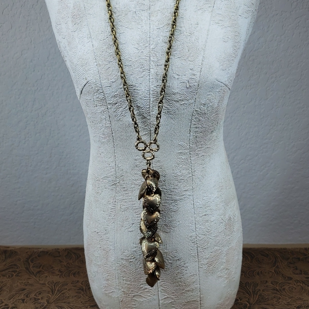 Vintage Multi Gold Tone Embossed Metal Hearts Chain Necklace